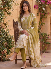Women Floral Printed Regular Pure Silk Kurta with Trousers & With Dupatta