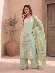 Women Floral Printed Regular Sequinned Pure Silk Kurta with Palazzos & With Dupatta