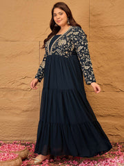 Floral Printed Embroidered A-Line Maxi Ethnic Dresses