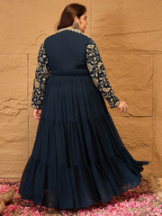 Floral Printed Embroidered A-Line Maxi Ethnic Dresses