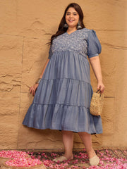 Women Floral Embroidered Puff Sleeves Fit and Flare Ethnic Dresses