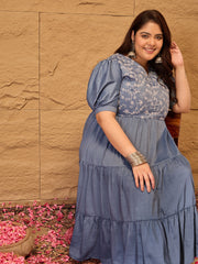 Women Floral Embroidered Puff Sleeves Fit and Flare Ethnic Dresses