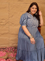 Women Floral Embroidered Puff Sleeves Fit and Flare Ethnic Dresses