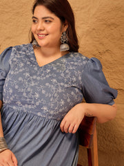 Women Floral Embroidered Puff Sleeves Fit and Flare Ethnic Dresses