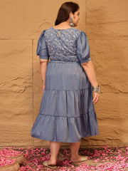 Women Floral Embroidered Puff Sleeves Fit and Flare Ethnic Dresses