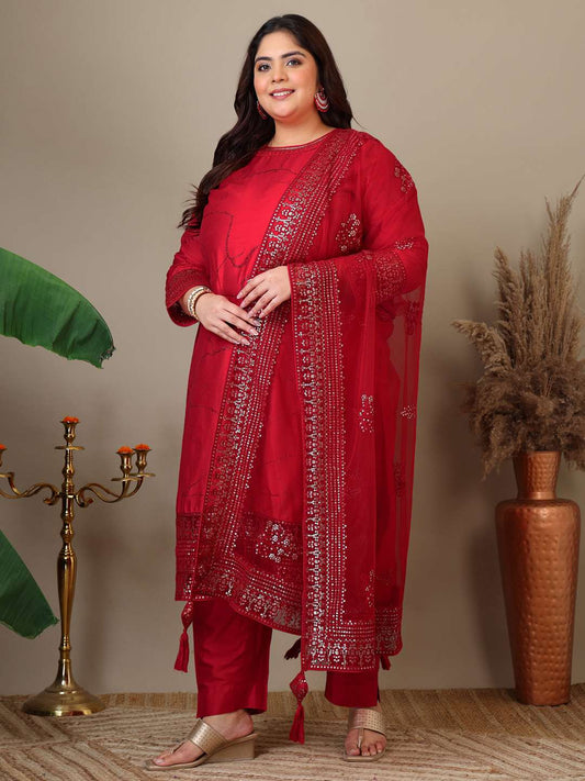 Women Ethnic Motifs Regular Sequinned Kurta with Trousers & With Dupatta