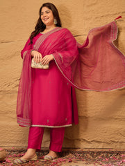 Ethnic Motifs Embroidered Straight Kurta with Trousers & Dupatta