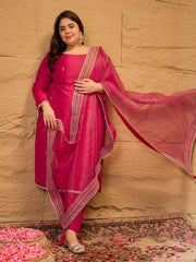 Ethnic Motifs Embroidered Straight Kurta with Trousers & Dupatta