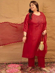 Plus Size Floral Yoke Design Straight Kurta With Trousers & Dupatta