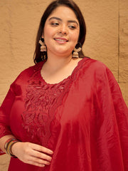 Plus Size Floral Yoke Design Straight Kurta With Trousers & Dupatta
