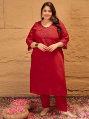 Plus Size Floral Yoke Design Straight Kurta With Trousers & Dupatta