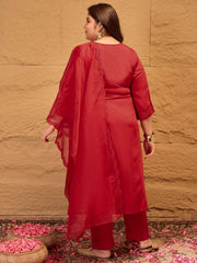 Plus Size Floral Yoke Design Straight Kurta With Trousers & Dupatta