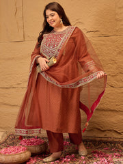 Plus Size Floral Yoke Design Sequinned Kurta With Trousers & Dupatta