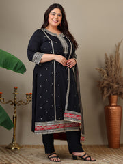 Women Plus Size Zari Embroidered Kurta with Trousers & Dupatta