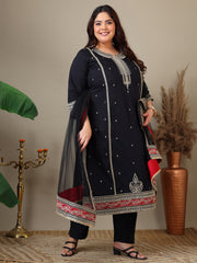 Women Plus Size Zari Embroidered Kurta with Trousers & Dupatta
