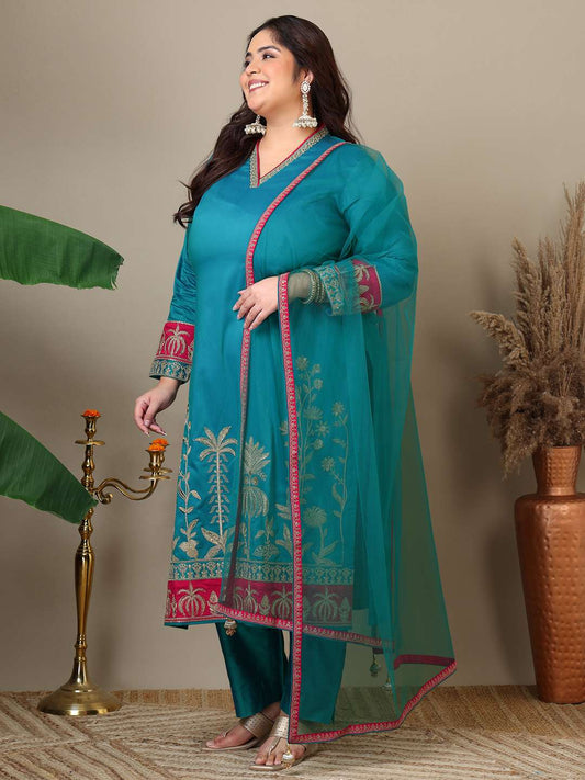 Women Ethnic Motifs Embroidered Regular Thread Work Kurta with Trousers & With Dupatta