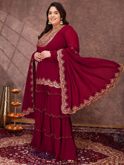 Floral Yoke Design Thread Work Georgette Straight Kurta With Sharara & Dupatta