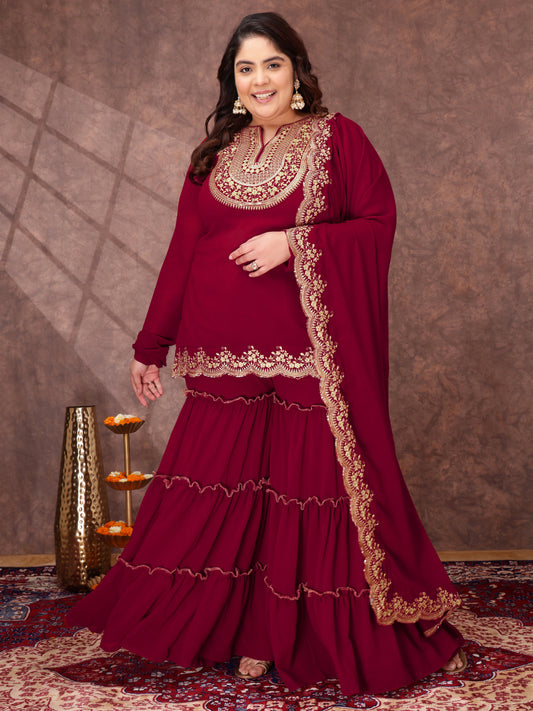 Floral Yoke Design Thread Work Georgette Straight Kurta With Sharara & Dupatta