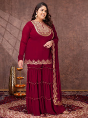 Floral Yoke Design Thread Work Georgette Straight Kurta With Sharara & Dupatta