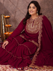 Floral Yoke Design Thread Work Georgette Straight Kurta With Sharara & Dupatta