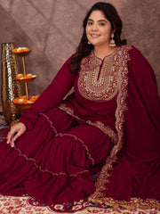 Floral Yoke Design Thread Work Georgette Straight Kurta With Sharara & Dupatta