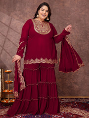Floral Yoke Design Thread Work Georgette Straight Kurta With Sharara & Dupatta