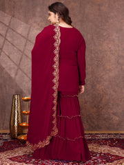 Floral Yoke Design Thread Work Georgette Straight Kurta With Sharara & Dupatta