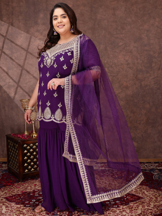Women Plus Size Ethnic Motifs Sequinned Kurta with Sharara & Dupatta