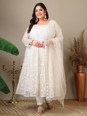 Women Floral Embroidered Empire Thread Work Kurta with Trousers & Dupatta