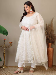 Women Floral Embroidered Empire Thread Work Kurta with Trousers & Dupatta