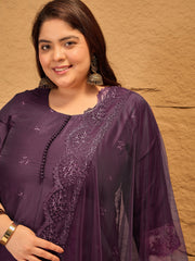 Floral Embroidered A-Line Kurta with Trousers & Dupatta