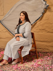 Plus Size Floral Embroidered Kurta With Trousers & Dupatta