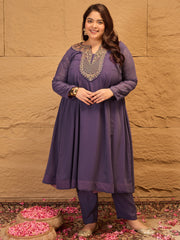 Floral Embroidered Georgette Anarkali Kurta with Trousers & Dupatta