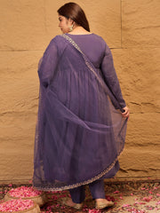 Floral Embroidered Georgette Anarkali Kurta with Trousers & Dupatta