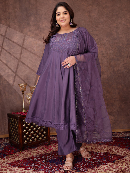 Floral Yoke Design Thread Work Anarkali Kurta With Palazzos & With Dupatta