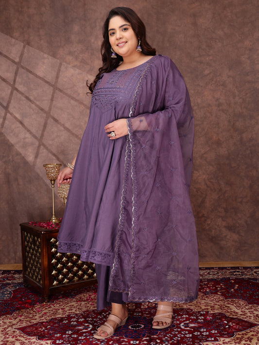 Floral Yoke Design Thread Work Anarkali Kurta With Palazzos & With Dupatta