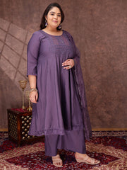 Floral Yoke Design Thread Work Anarkali Kurta With Palazzos & With Dupatta