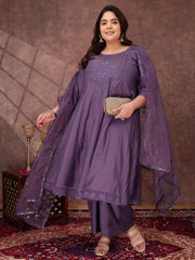 Floral Yoke Design Thread Work Anarkali Kurta With Palazzos & With Dupatta