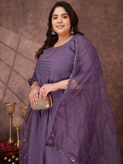 Floral Yoke Design Thread Work Anarkali Kurta With Palazzos & With Dupatta