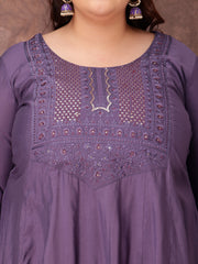 Floral Yoke Design Thread Work Anarkali Kurta With Palazzos & With Dupatta