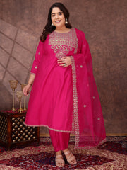 Floral Yoke Design Sequinned Anarkali Kurta With Palazzos & Dupatta