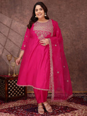 Floral Yoke Design Sequinned Anarkali Kurta With Palazzos & Dupatta