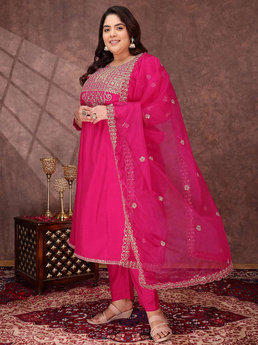 Floral Yoke Design Sequinned Anarkali Kurta With Palazzos & Dupatta