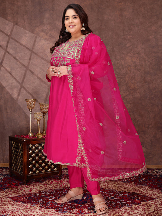 Floral Yoke Design Sequinned Anarkali Kurta With Palazzos & Dupatta