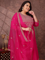 Floral Yoke Design Sequinned Anarkali Kurta With Palazzos & Dupatta