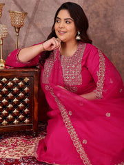 Floral Yoke Design Sequinned Anarkali Kurta With Palazzos & Dupatta