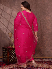 Floral Yoke Design Sequinned Anarkali Kurta With Palazzos & Dupatta