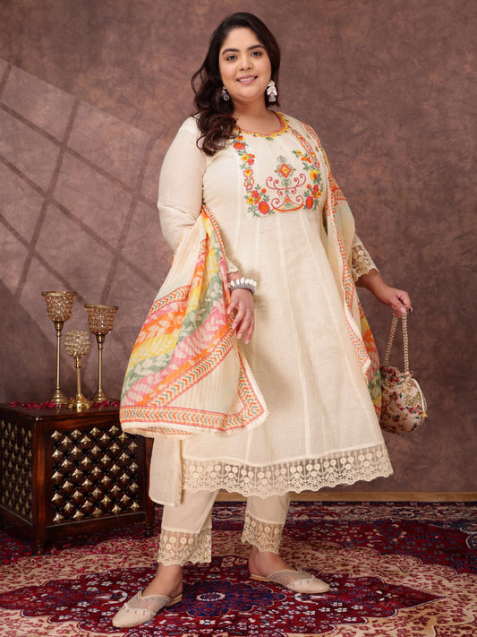 Women Floral Embroidered Thread Work Anarkali Kurta with Trousers & Dupatta