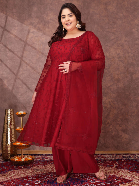 Women Floral Embroidered Thread Work Kurta with Palazzos & Dupatta