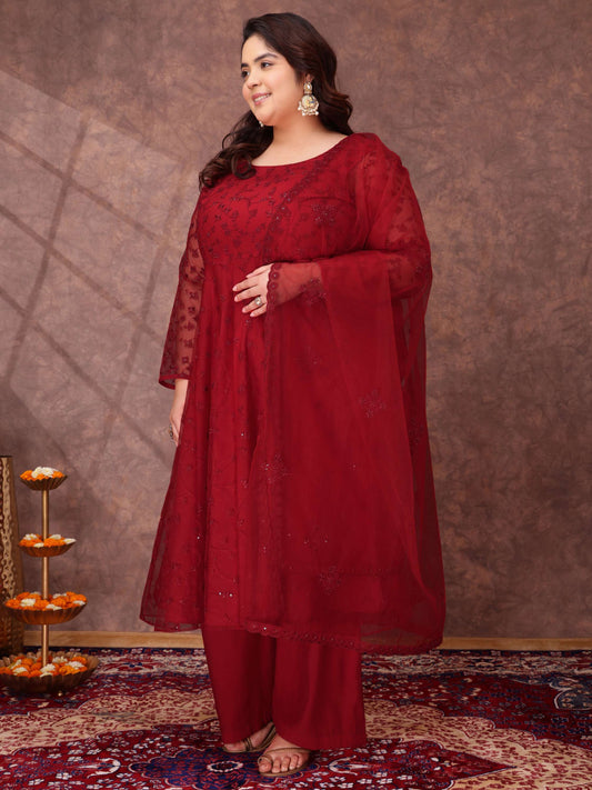 Women Floral Embroidered Thread Work Kurta with Palazzos & Dupatta